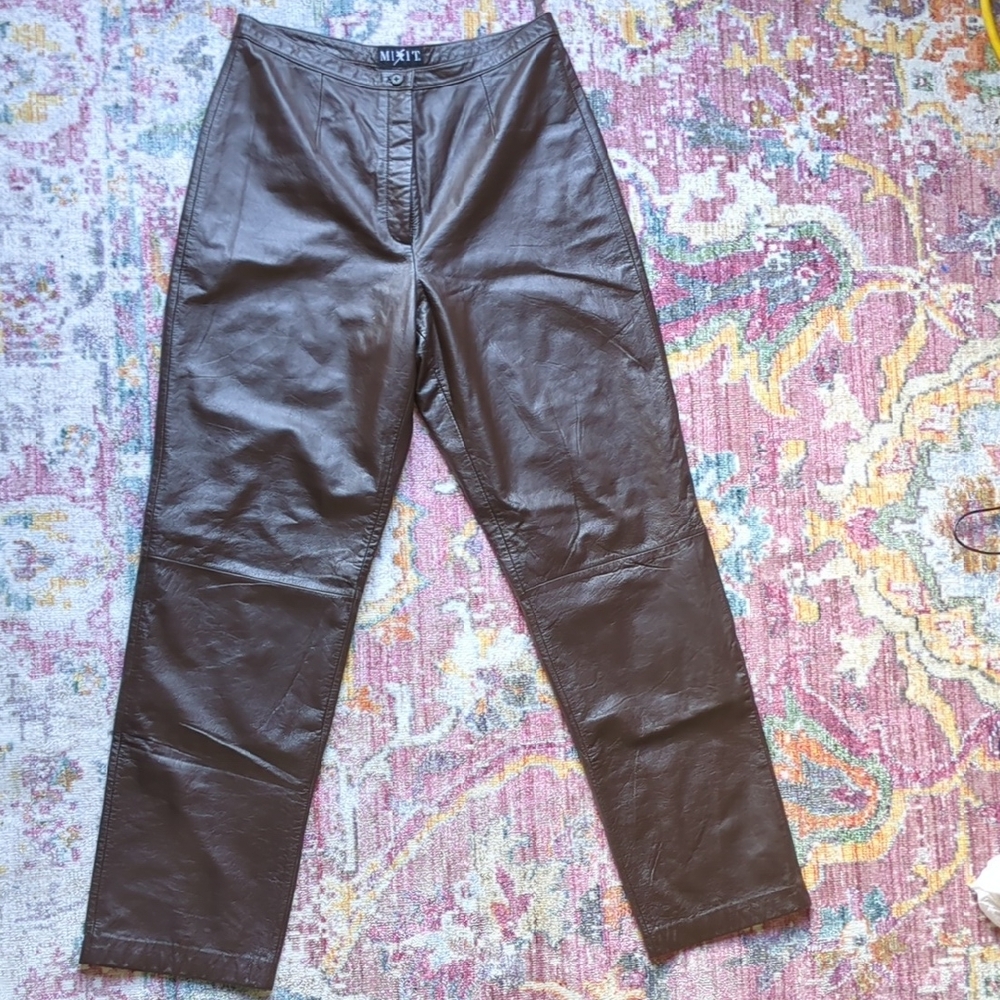 Mixit Genuine Leather Pants Brown Straight Leg Size 12 Lined Nappa Cowhide
